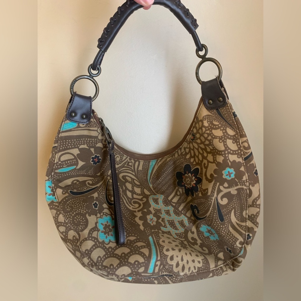 Vtg 2006 GAP Hobo Bag Brown Teal Floral Print Canvas Leather Trim Shoulder Bag